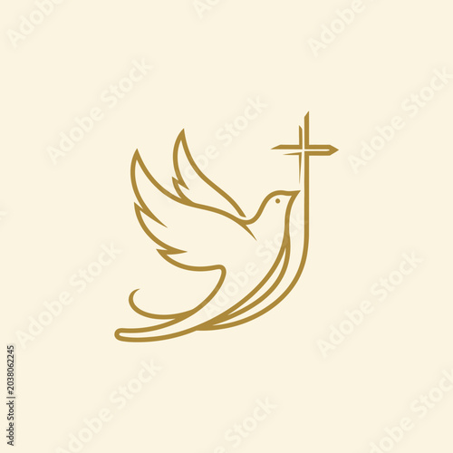 Elegant Dove and Cross Line Art Logo Design.