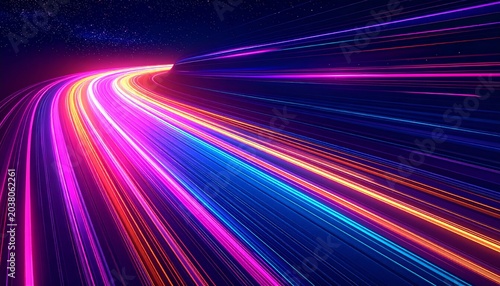 Vibrant neon light trails on a dark road.