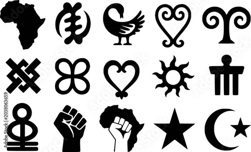 African Adinkra symbols silhouettes vector icon set isolated