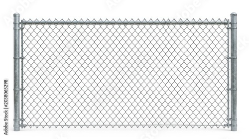 A galvanized metal chain link fence, isolated on white.