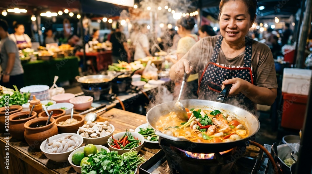 Obraz premium Thai woman street food vendor cooking spicy soup in wok at night market. Asian chef preparing authentic meal with shrimp, chili and herb. Traditional culinary culture and kitchen.
