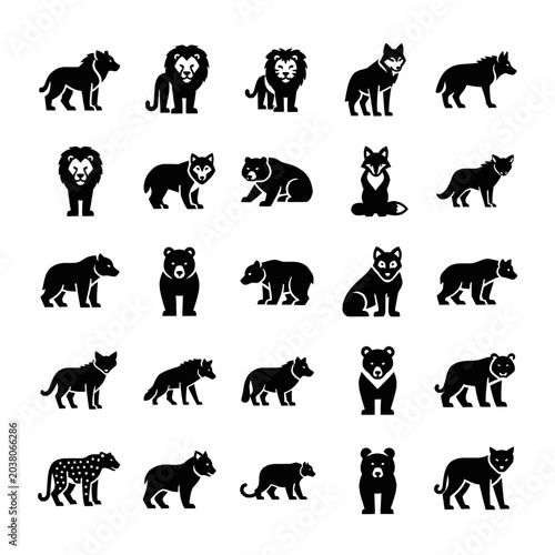Photography Collection of stylized silhouette icons representing various wild animals including lions, wolves, bears, and foxes
