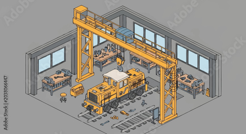 Foto Industrial workshop with crane and machinery.