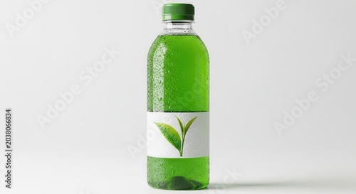 Green tea beverage in a clear plastic bottle with a white label and green leaf icon.