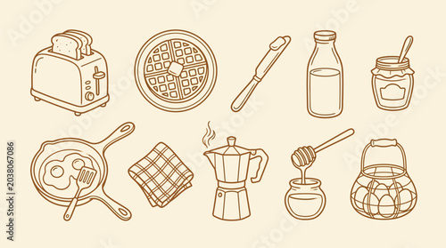 Schilderij op canvas Hand-drawn illustration of a delicious breakfast spread with toast, waffles, eggs, and coffee