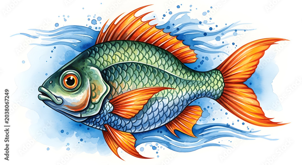 Fototapeta premium Vibrant Watercolor Fish with Orange Fins Swimming in Blue Water