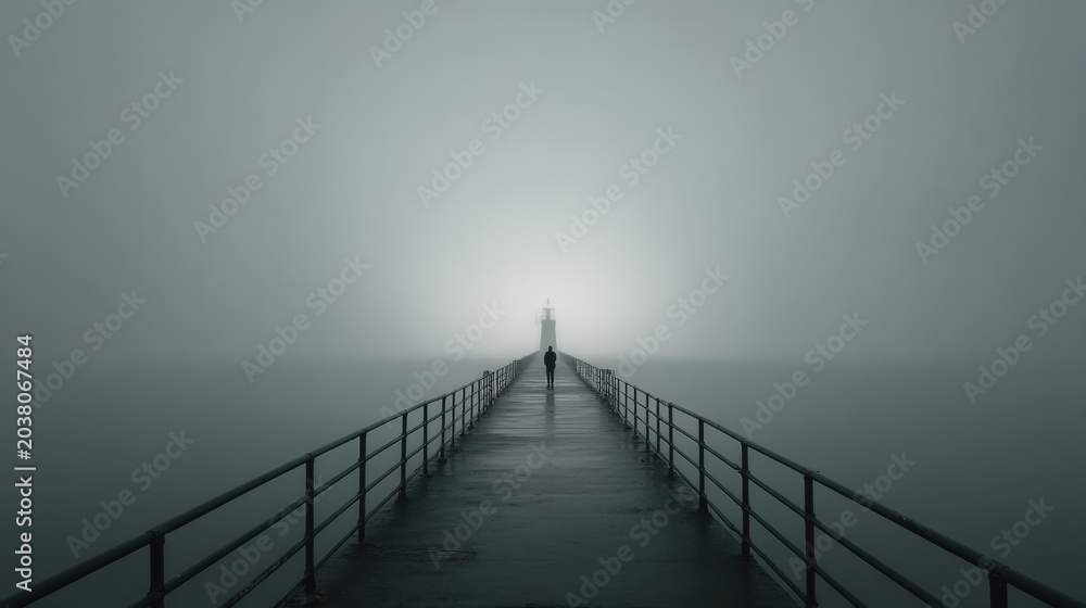 Fototapeta premium Man walking toward distant lighthouse in fog