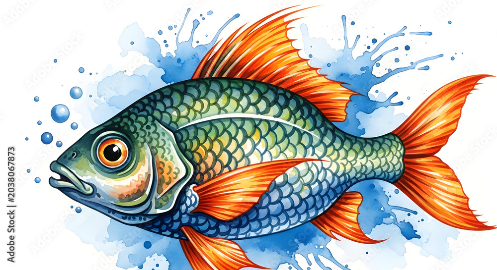 Fototapeta premium Vibrant Watercolor Fish with Orange Fins and Blue Splashes