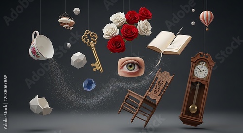 Surreal floating objects and symbols.