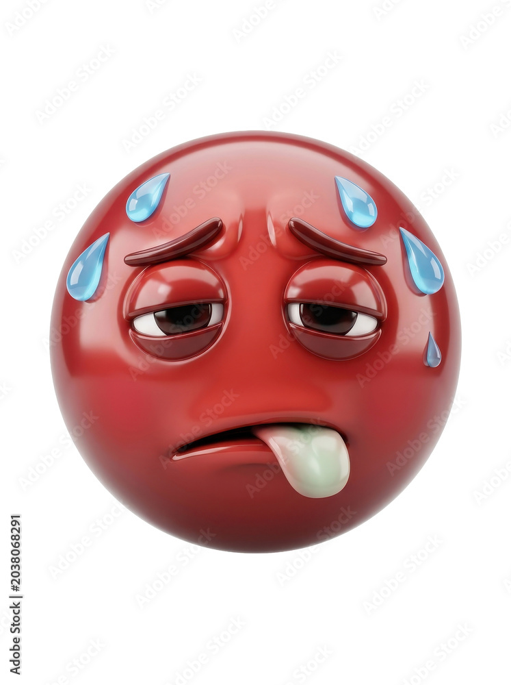 Fototapeta premium A sweaty red emoticon with a sick expression on a white background