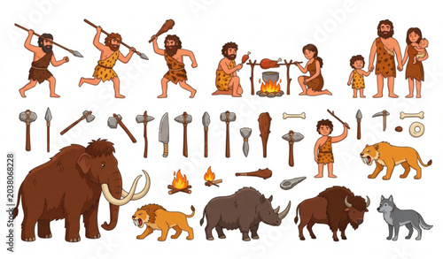 Cuadro en lienzo Stone Age Cavemen and Prehistoric Animals Cartoon Vector Illustration Set