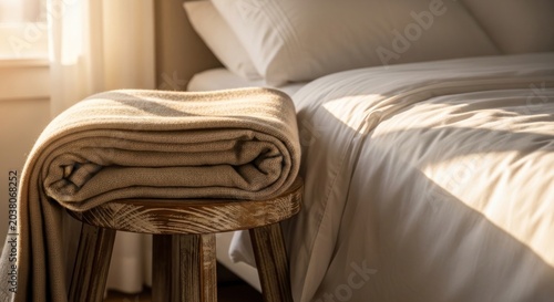 A neatly made bed with a folded blanket on a stool beside it