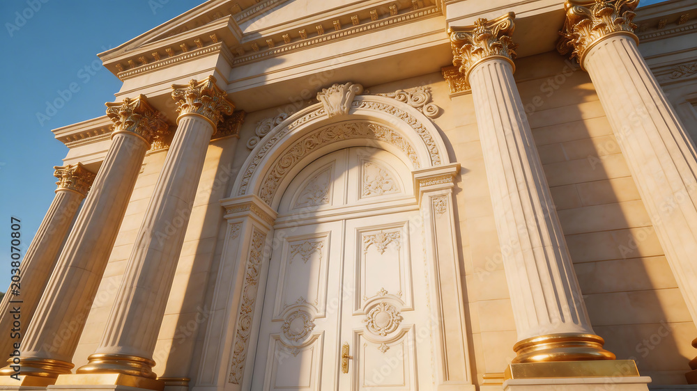 Obraz premium Classical building facade with columns emphasizing fluid motion and vibrant color palettes