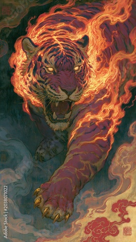 Fierce Flaming Tiger Charging Through Mystical Smoky Air
