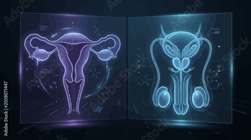 Digital representation of male and female reproductive systems in neon glow.