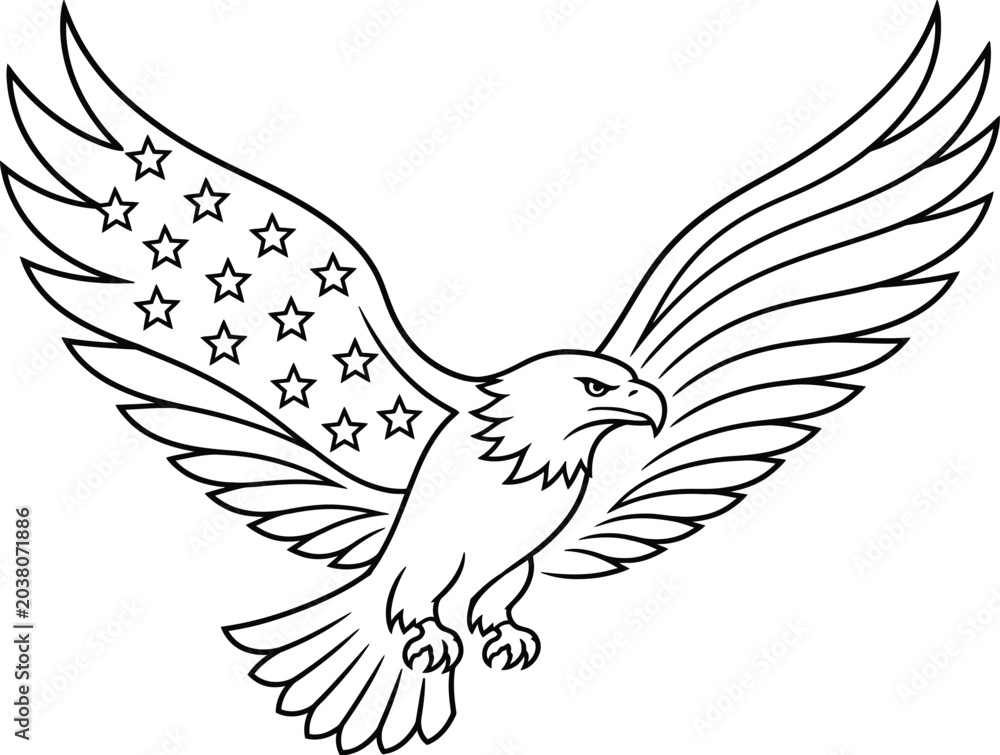 Fototapeta premium Majestic american bald eagle vector illustration featuring patriotic stars on wings in a clean outline style