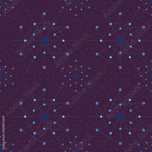 Abstract geometric neural network seamless pattern on dark purple galaxy background with star constellation nodes.