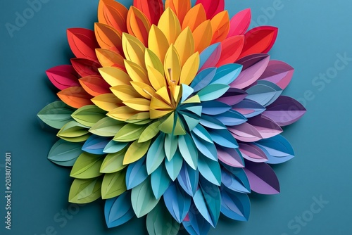 Vibrant Rainbow Paper Craft Floral Artwork on Blue Background