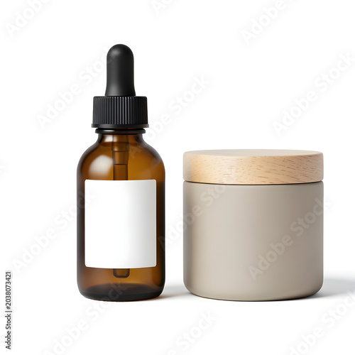 Frosted amber dropper bottle and ceramic cream jar mockup isolated on white.