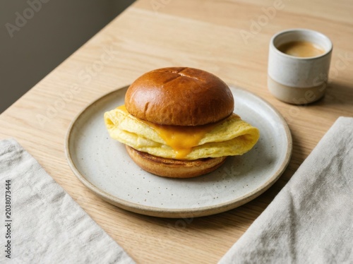 Savory breakfast sandwich featuring fluffy folded eggs and melted cheddar cheese nestled within a toasted brioche bun, served alongside a small cup of rich coffee on a textured wooden table