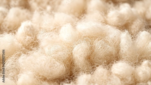 Raw sheep wool texture close up. Natural white fleece background for textile industry. Soft raw merino wool material for spinning and weaving craft. Organic fiber product macro detail.