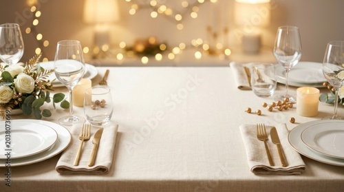 Elegant Dinner Table Setting with Gold Cutlery and White Roses