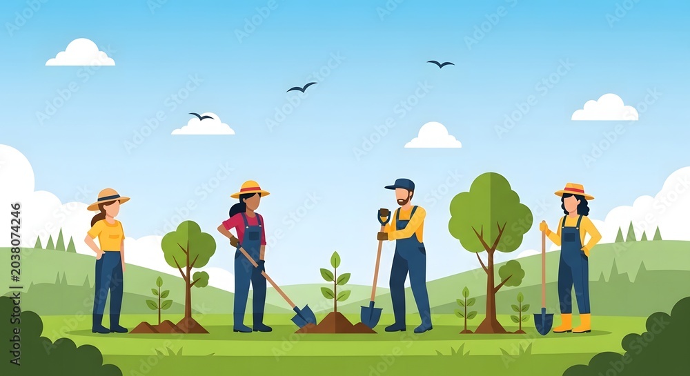 Fototapeta premium Gardeners in overalls use shovels to plant new saplings in a sunny rural landscape.