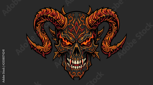 Foto Intricate Demonic Skull with Fiery Horns and Glowing Eyes.