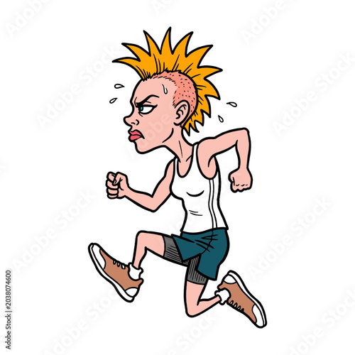 Cartoon illustration of a determined punk woman running in sportswear