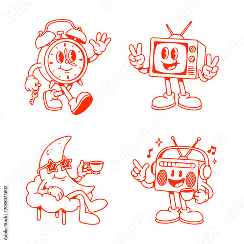 Retro cartoon characters set with alarm clock, television, moon and radio