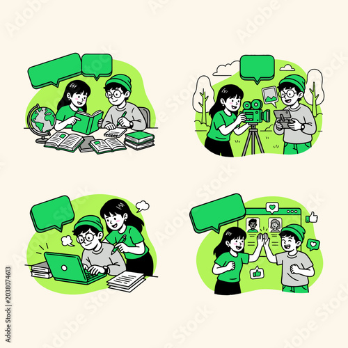 Set of illustrations featuring a young couple collaborating on various projects
