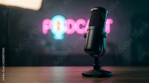 Professional studio microphone on a wooden desk with a glowing podcast neon sign background.