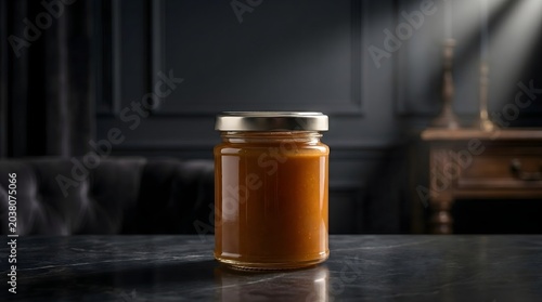 A glass jar filled with smooth golden caramel sauce on a dark wooden table.