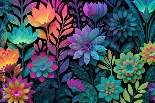 Vibrant Neon Floral Artwork with Gradient Botanical Details