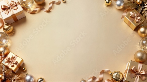 Festive holiday gift boxes and golden ornaments on soft gold background ideal for Christmas sales marketing and celebration banner
