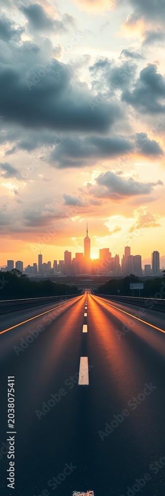 Fototapeta premium Wide road stretching toward the city skyline at dawn, under a cloudy sky, road, tranquil