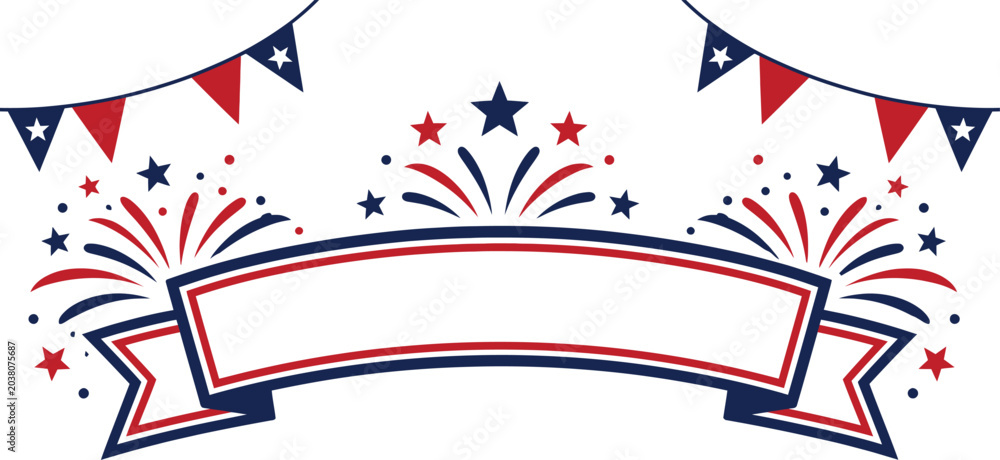 Obraz premium Decorative patriotic vector banner illustration featuring red and blue fireworks with festive bunting hanging above elements