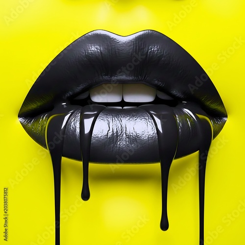 Glamorous Woman Black Dripping Lips Close Up Over Vibrant Yellow Background Concept