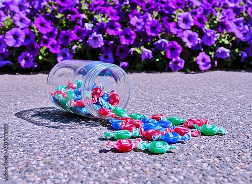 Glass Jar Of Hard Candies Spilled On Asphalt Ground With Purple Flowers Background