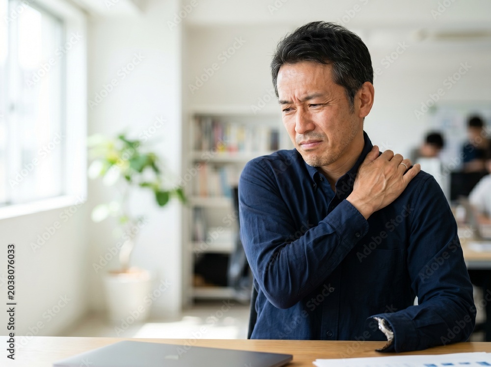 Naklejka premium 肩こり・首こりに悩む50代アジア人男性のポートレート