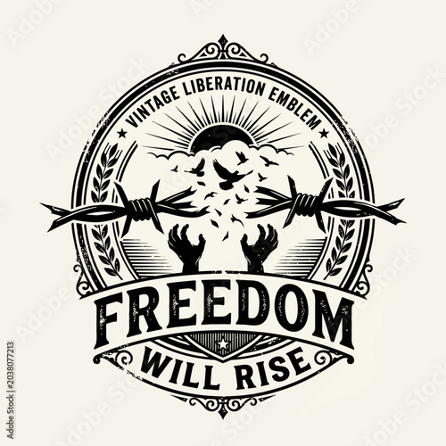 Obraz na płótnie Vintage Freedom Emblem, Flying Dove and Landscape Liberation Art