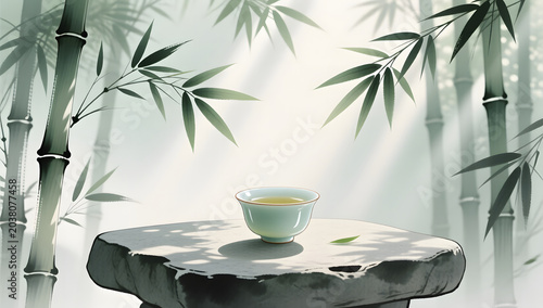 Oriental ink illustration of cool tea in a tranquil bamboo forest for Xiaoshu