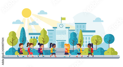 Fotografie Diverse Group of School Children Walking Together to School.