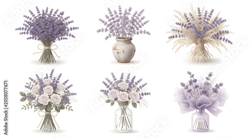 Lavender and Rose Bouquets Collection: A charming assortment of floral arrangements featuring delicate lavender sprigs and soft roses, presented in various elegant styles.