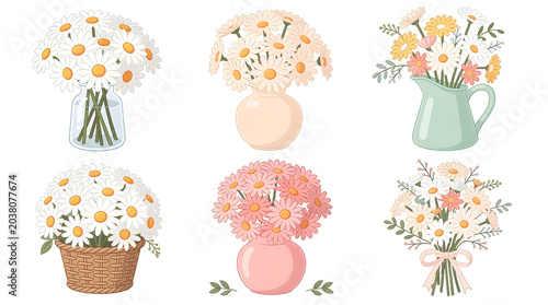 Daisy Arrangements: A delightful collection of daisy bouquets displayed in various vases and a basket, showcasing the simple beauty of these white and yellow flowers.