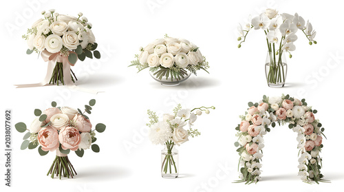 Elegant White Floral Arrangements: A collection of sophisticated white floral displays, including bridal bouquets, table centerpieces, and an arch adorned with roses and orchids.
