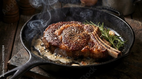A perfectly seared bone-in ribeye steak cooking in a hot cast iron skillet with fresh rosemary and butter.