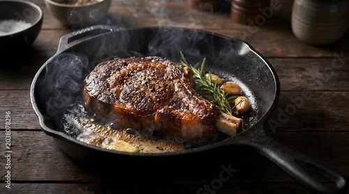 A juicy ribeye steak searing in a hot cast iron skillet.
