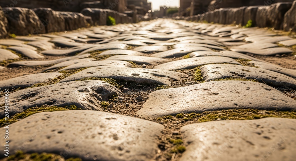 Obraz premium Low angle view of an ancient Roman stone paved road.