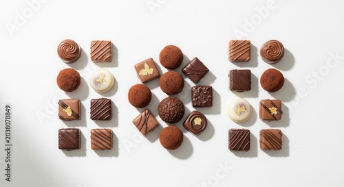Assorted gourmet chocolate candies arranged in a creative text pattern on a clean white background.